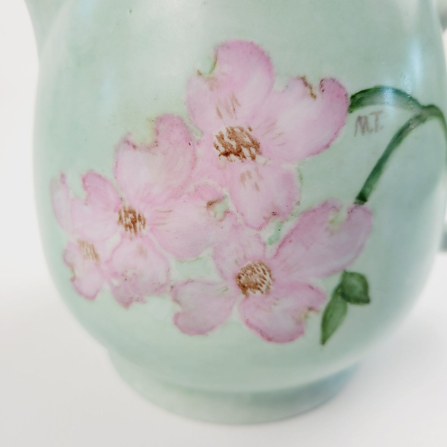 Hand-Painted Green & Pink Floral Ceramic Pitcher, Artist Signed, Made In Japan