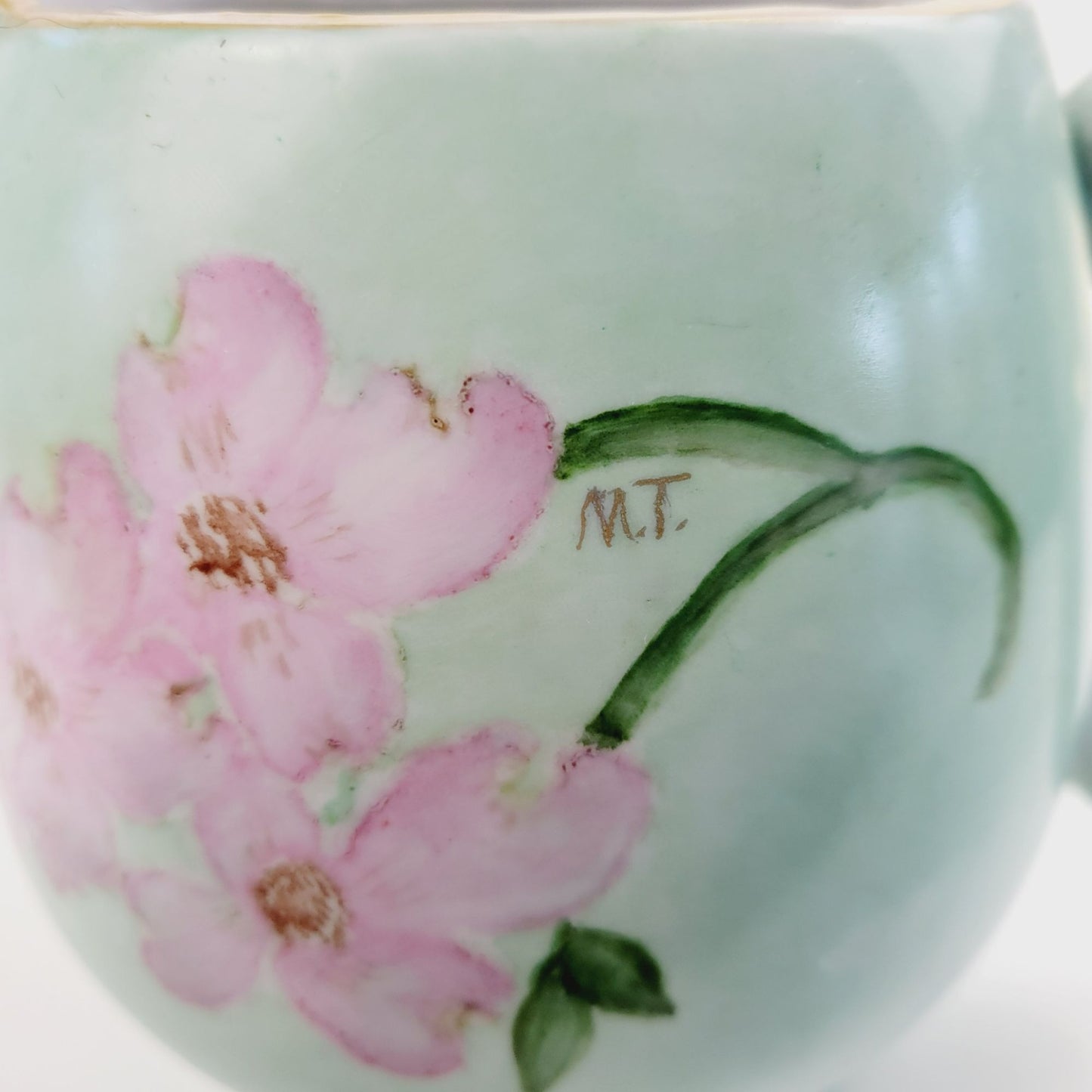 Hand-Painted Green & Pink Floral Ceramic Pitcher, Artist Signed, Made In Japan