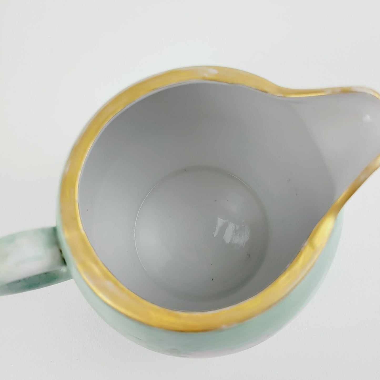 Hand-Painted Green & Pink Floral Ceramic Pitcher, Artist Signed, Made In Japan