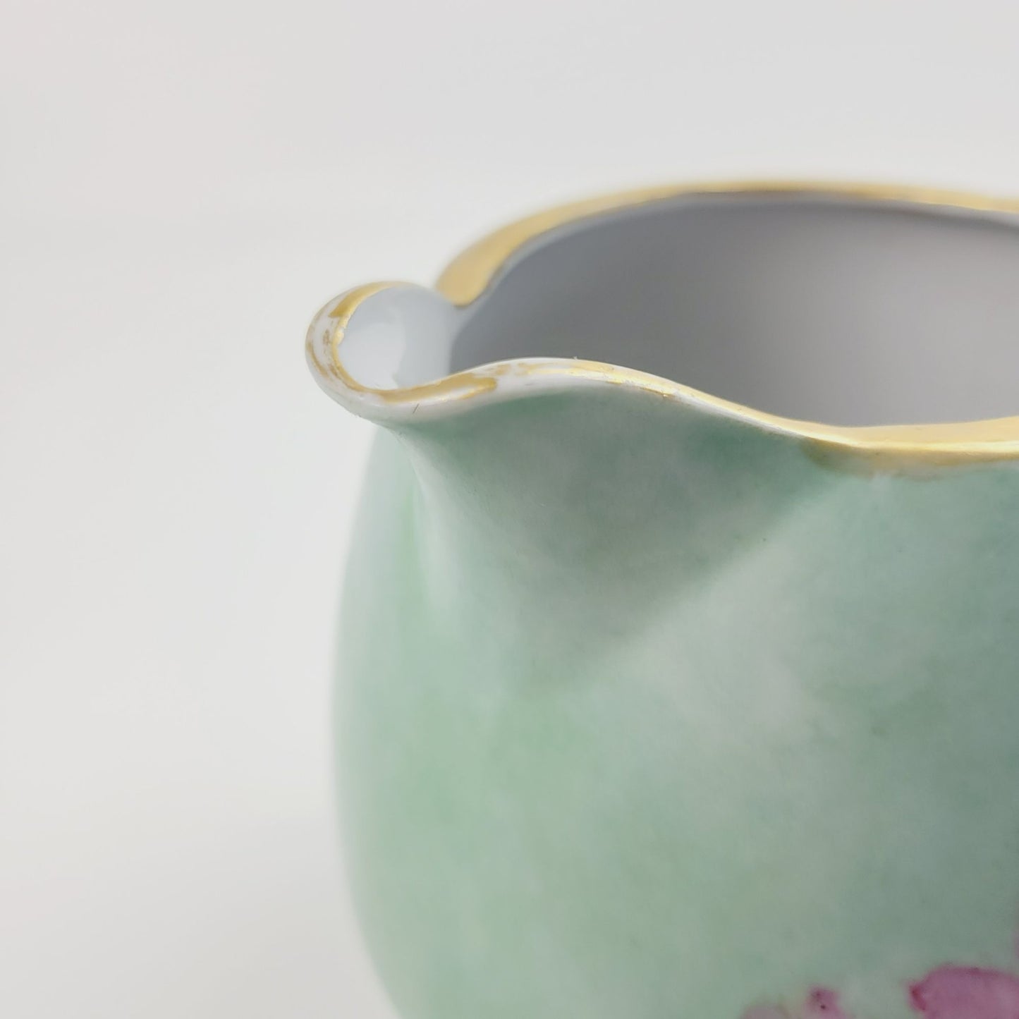 Hand-Painted Green & Pink Floral Ceramic Pitcher, Artist Signed, Made In Japan