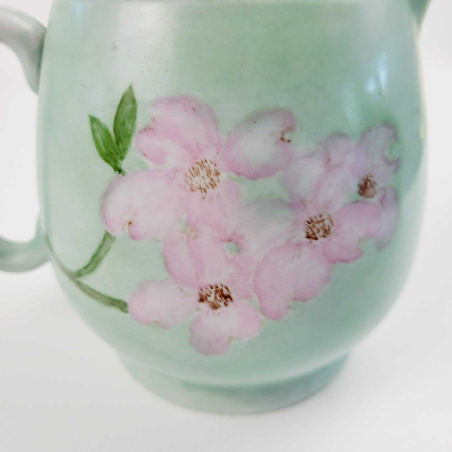 Hand-Painted Green & Pink Floral Ceramic Pitcher, Artist Signed, Made In Japan