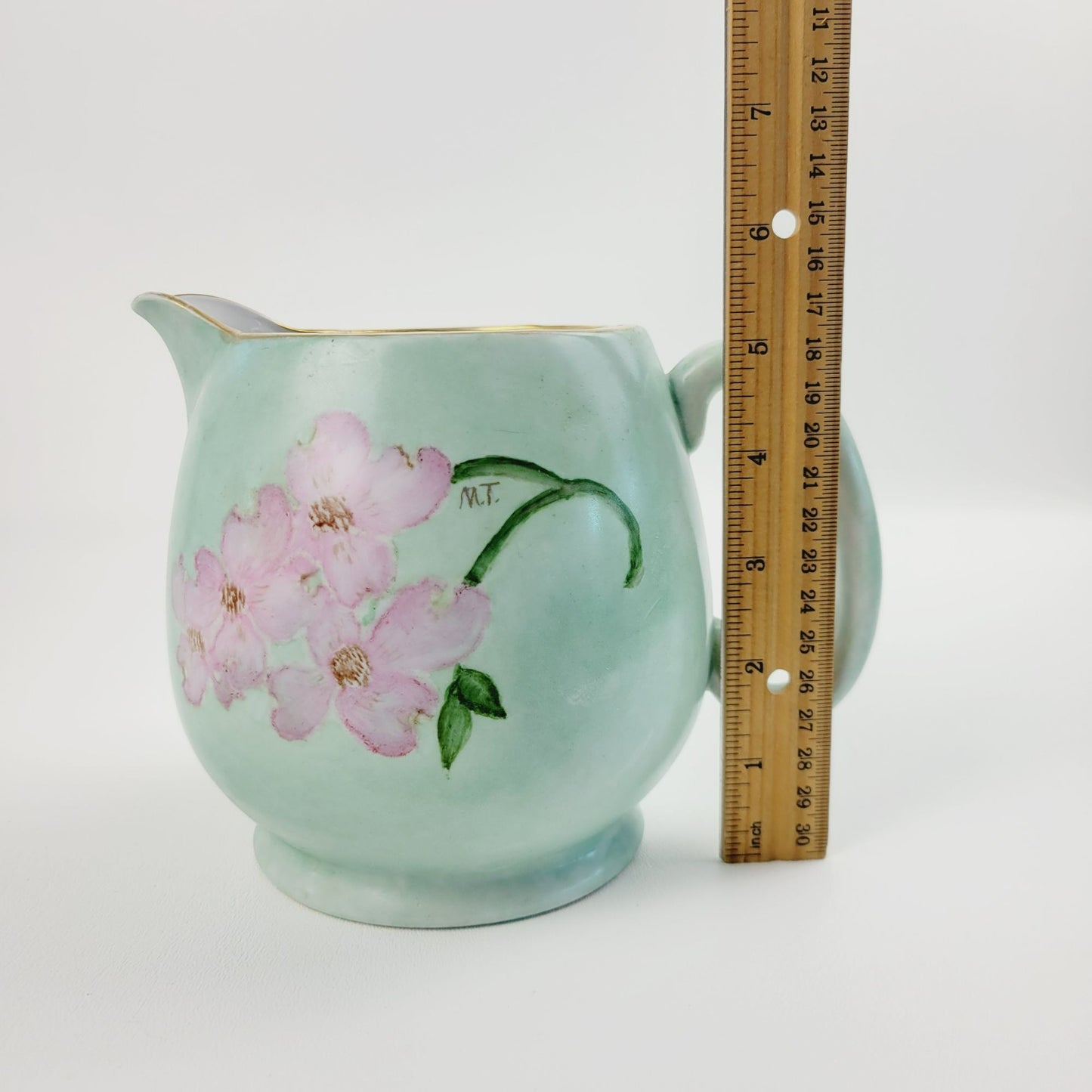 Hand-Painted Green & Pink Floral Ceramic Pitcher, Artist Signed, Made In Japan