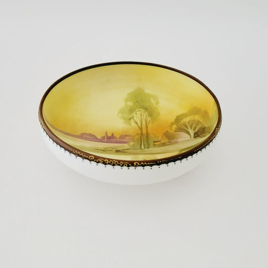 Antique Nippon Hand Painted Cottage on Lake Footed Bowl, c.1911-1921, Japanese Pottery Art