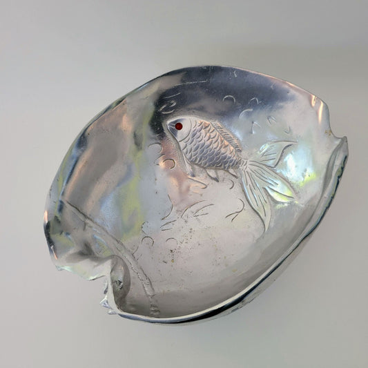 Aluminum Fish Bowl by Arthur Court, Embossed with Carnelian Eye, c.1977, Footed Metal Conch Shell Bowl
