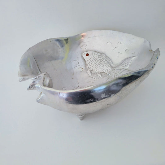 Aluminum Fish Bowl by Arthur Court, Embossed with Carnelian Eye, c.1977, Footed Metal Conch Shell Bowl
