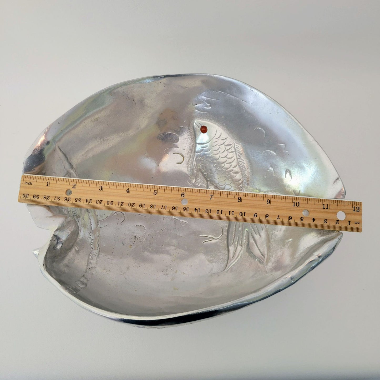 Aluminum Fish Bowl by Arthur Court, Embossed with Carnelian Eye, c.1977, Footed Metal Conch Shell Bowl