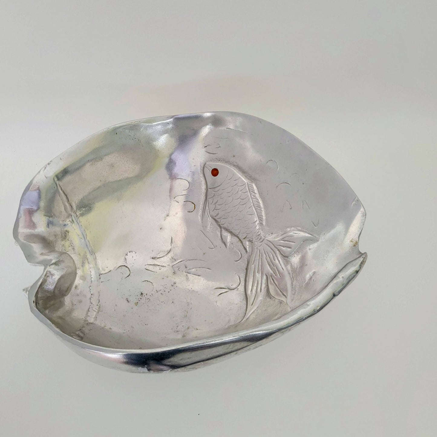 Aluminum Fish Bowl by Arthur Court, Embossed with Carnelian Eye, c.1977, Footed Metal Conch Shell Bowl