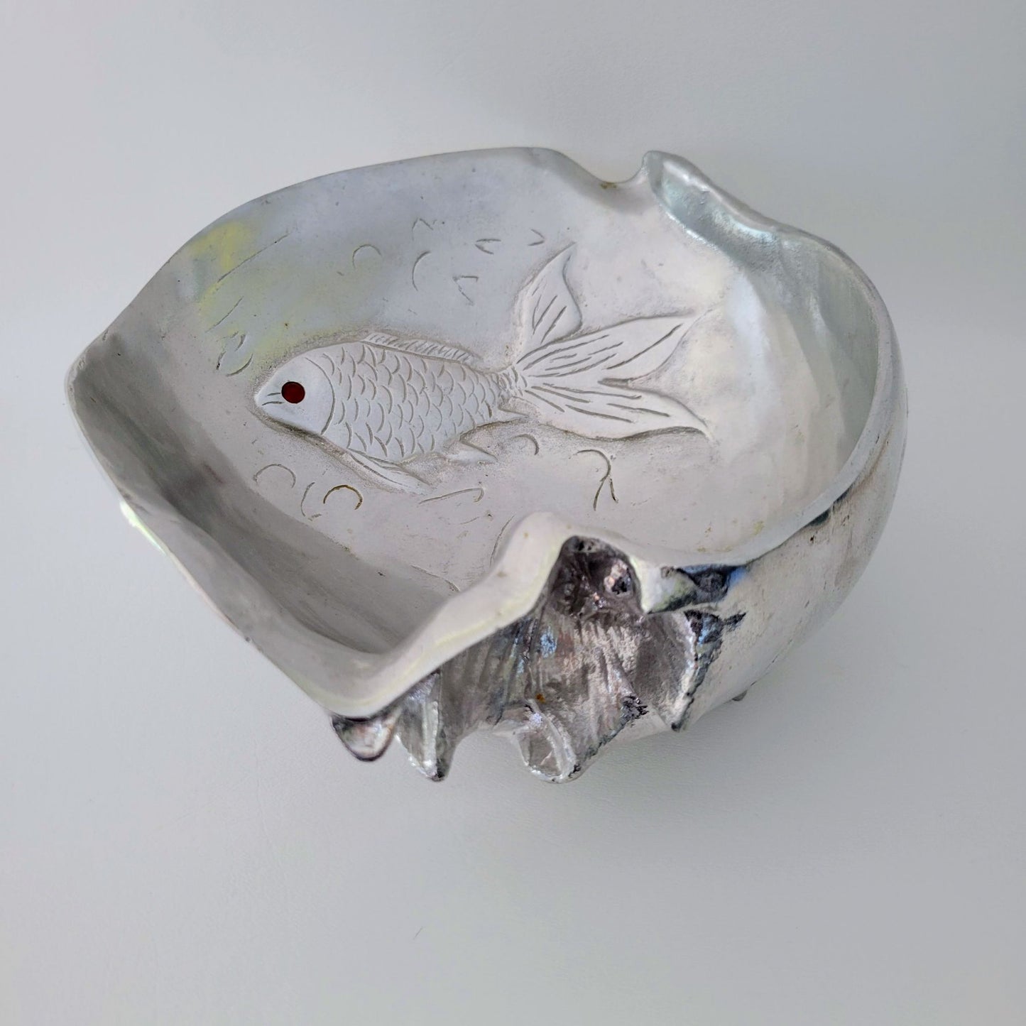 Aluminum Fish Bowl by Arthur Court, Embossed with Carnelian Eye, c.1977, Footed Metal Conch Shell Bowl