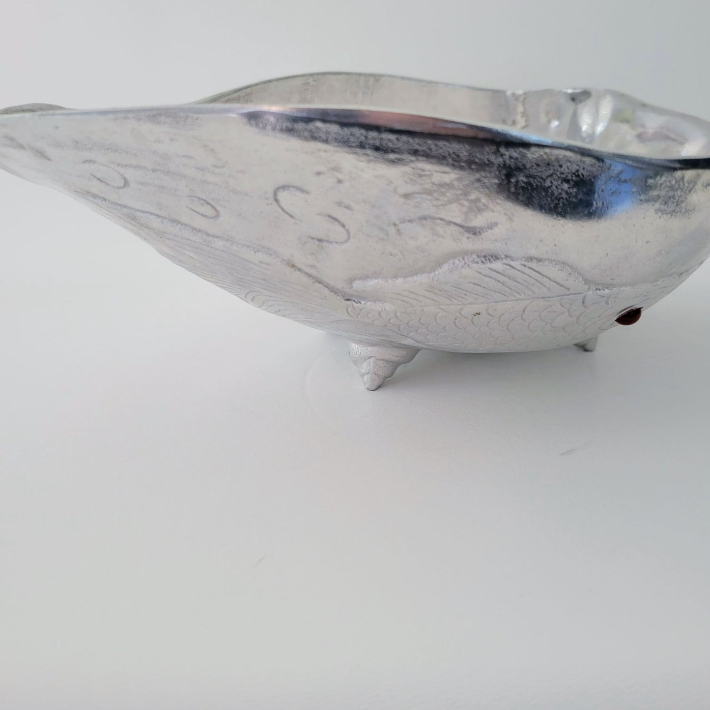 Aluminum Fish Bowl by Arthur Court, Embossed with Carnelian Eye, c.1977, Footed Metal Conch Shell Bowl