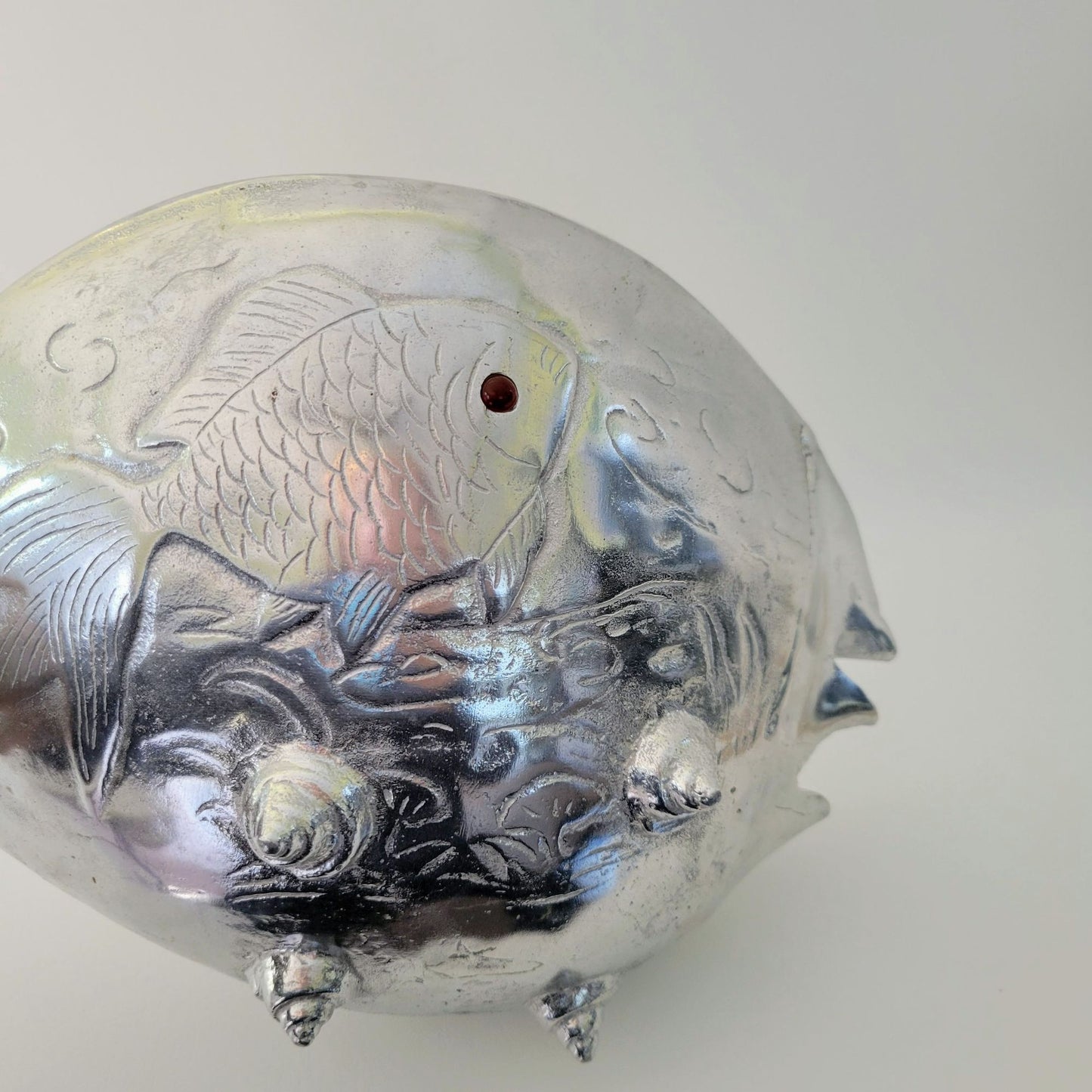 Aluminum Fish Bowl by Arthur Court, Embossed with Carnelian Eye, c.1977, Footed Metal Conch Shell Bowl