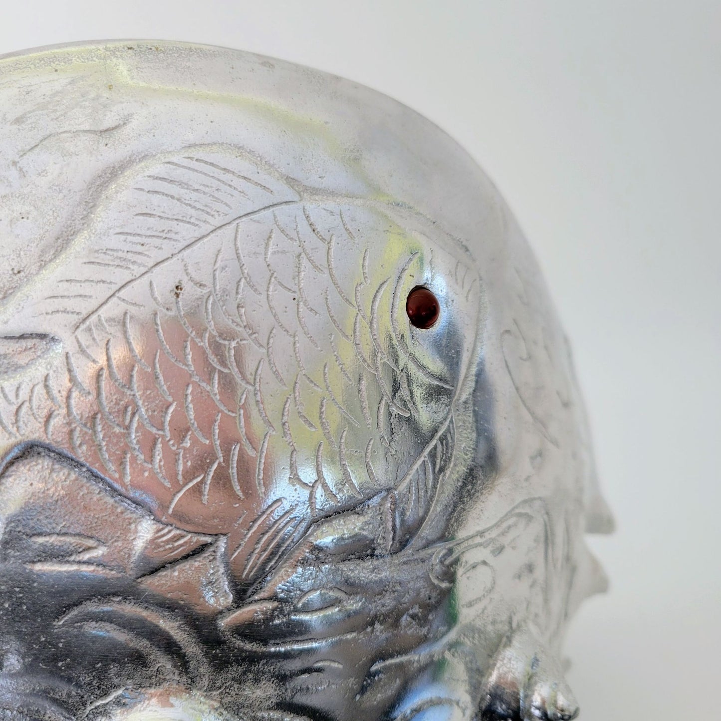Aluminum Fish Bowl by Arthur Court, Embossed with Carnelian Eye, c.1977, Footed Metal Conch Shell Bowl