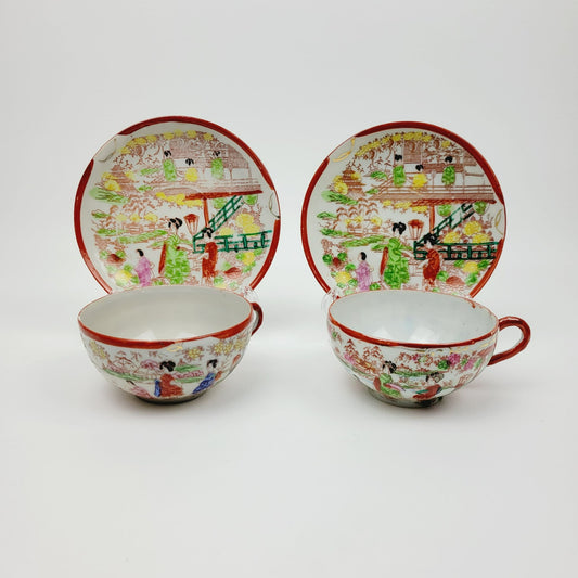 Japanese Kutani Geisha Girls Teacup & Saucers, 2 Sets, Hand Painted Japanese Village Garden Scene
