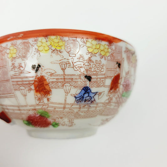 Japanese Kutani Geisha Girls Teacup & Saucers, 2 Sets, Hand Painted Japanese Village Garden Scene