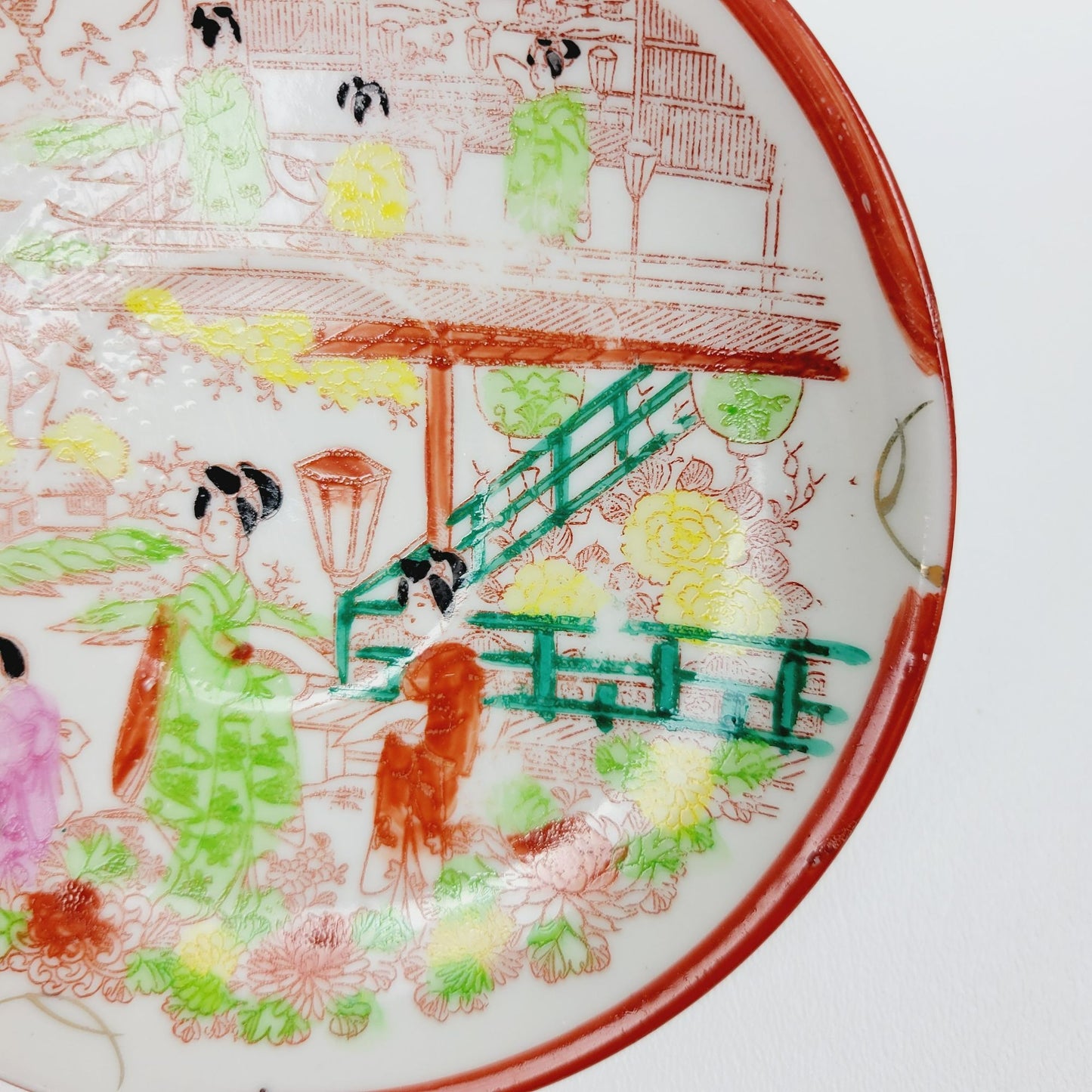 Japanese Kutani Geisha Girls Teacup & Saucers, 2 Sets, Hand Painted Japanese Village Garden Scene