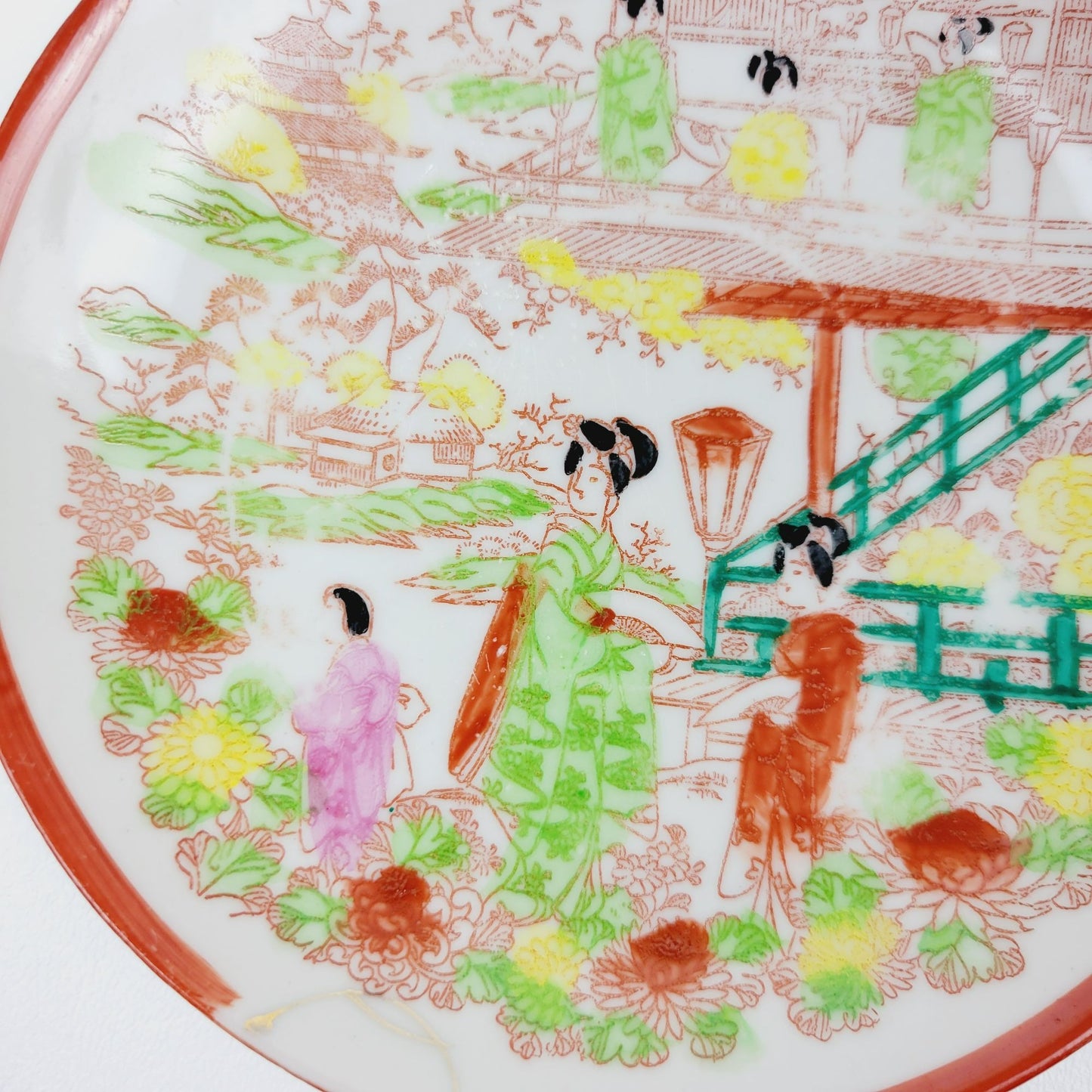 Japanese Kutani Geisha Girls Teacup & Saucers, 2 Sets, Hand Painted Japanese Village Garden Scene