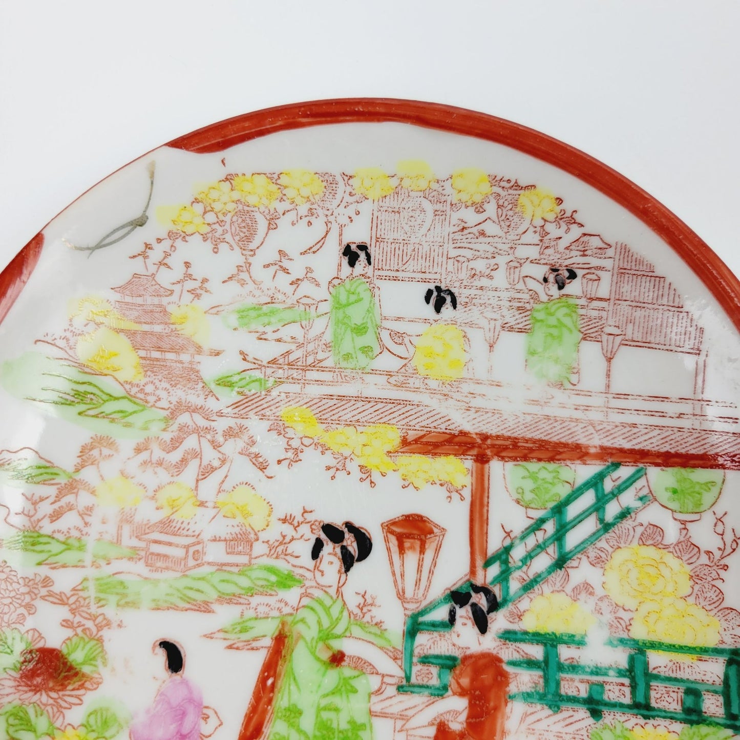 Japanese Kutani Geisha Girls Teacup & Saucers, 2 Sets, Hand Painted Japanese Village Garden Scene