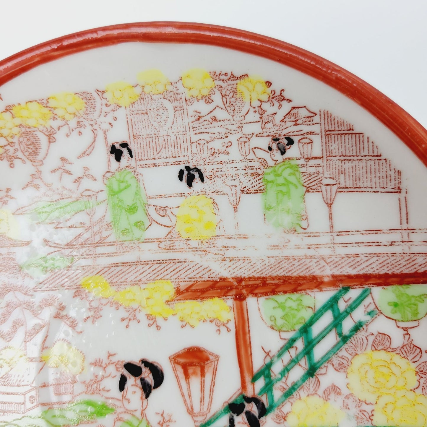 Japanese Kutani Geisha Girls Teacup & Saucers, 2 Sets, Hand Painted Japanese Village Garden Scene