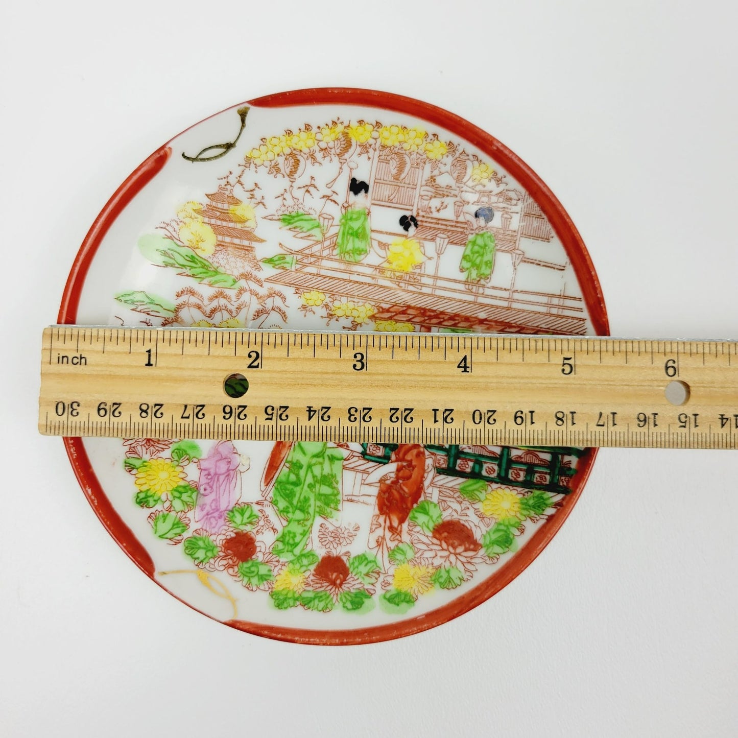 Japanese Kutani Geisha Girls Teacup & Saucers, 2 Sets, Hand Painted Japanese Village Garden Scene