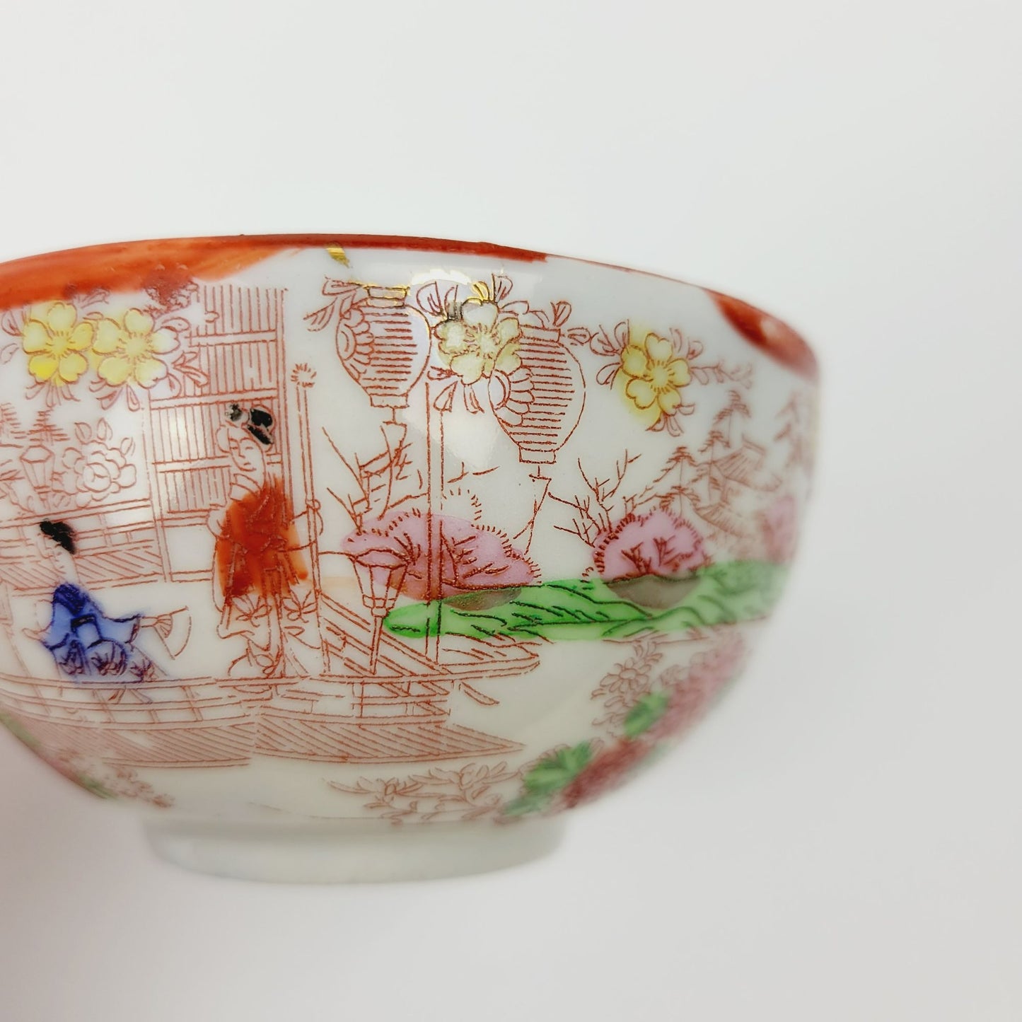 Japanese Kutani Geisha Girls Teacup & Saucers, 2 Sets, Hand Painted Japanese Village Garden Scene