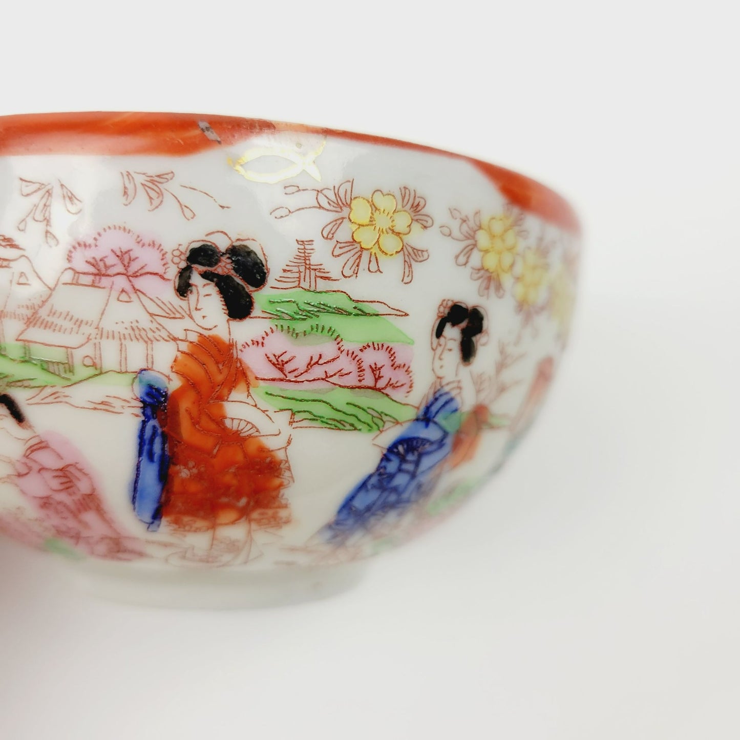 Japanese Kutani Geisha Girls Teacup & Saucers, 2 Sets, Hand Painted Japanese Village Garden Scene