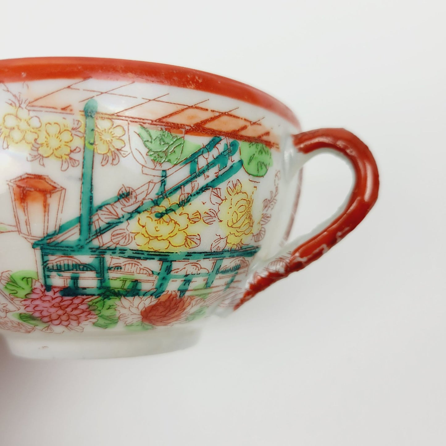 Japanese Kutani Geisha Girls Teacup & Saucers, 2 Sets, Hand Painted Japanese Village Garden Scene