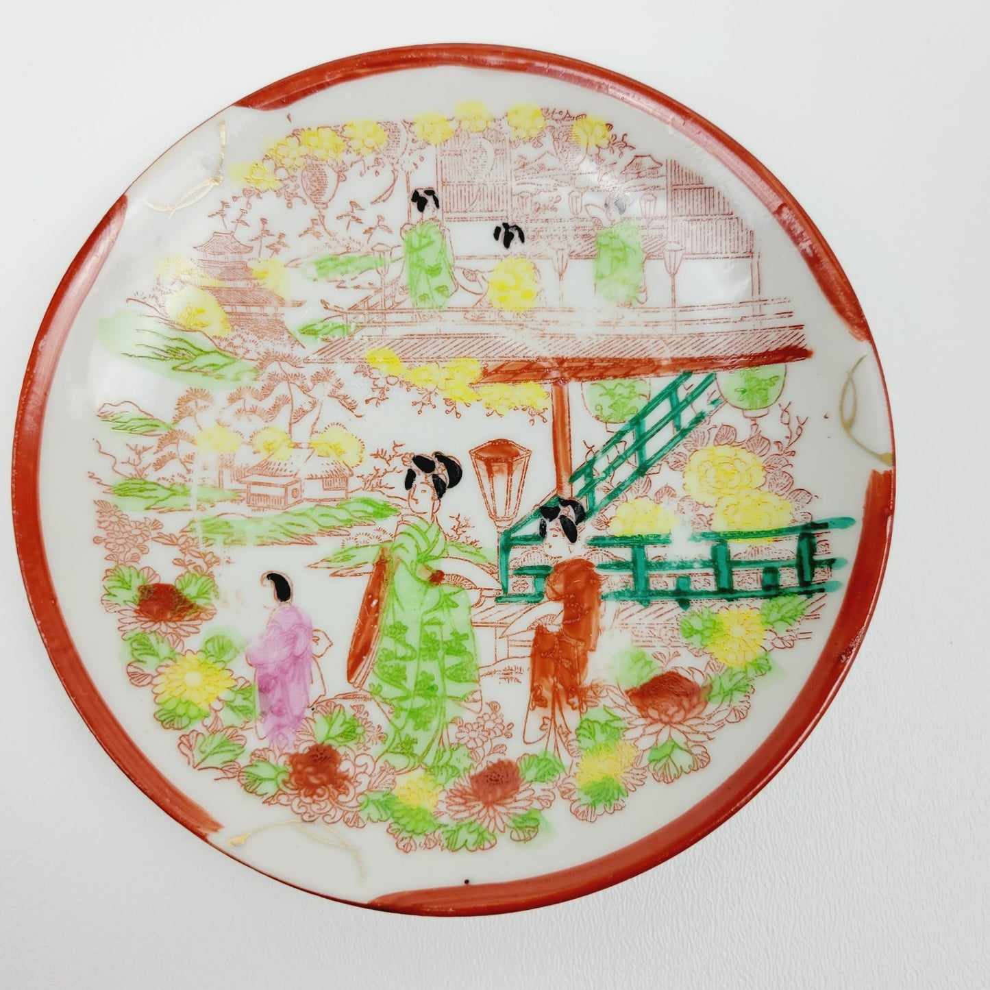 Japanese Kutani Geisha Girls Teacup & Saucers, 2 Sets, Hand Painted Japanese Village Garden Scene
