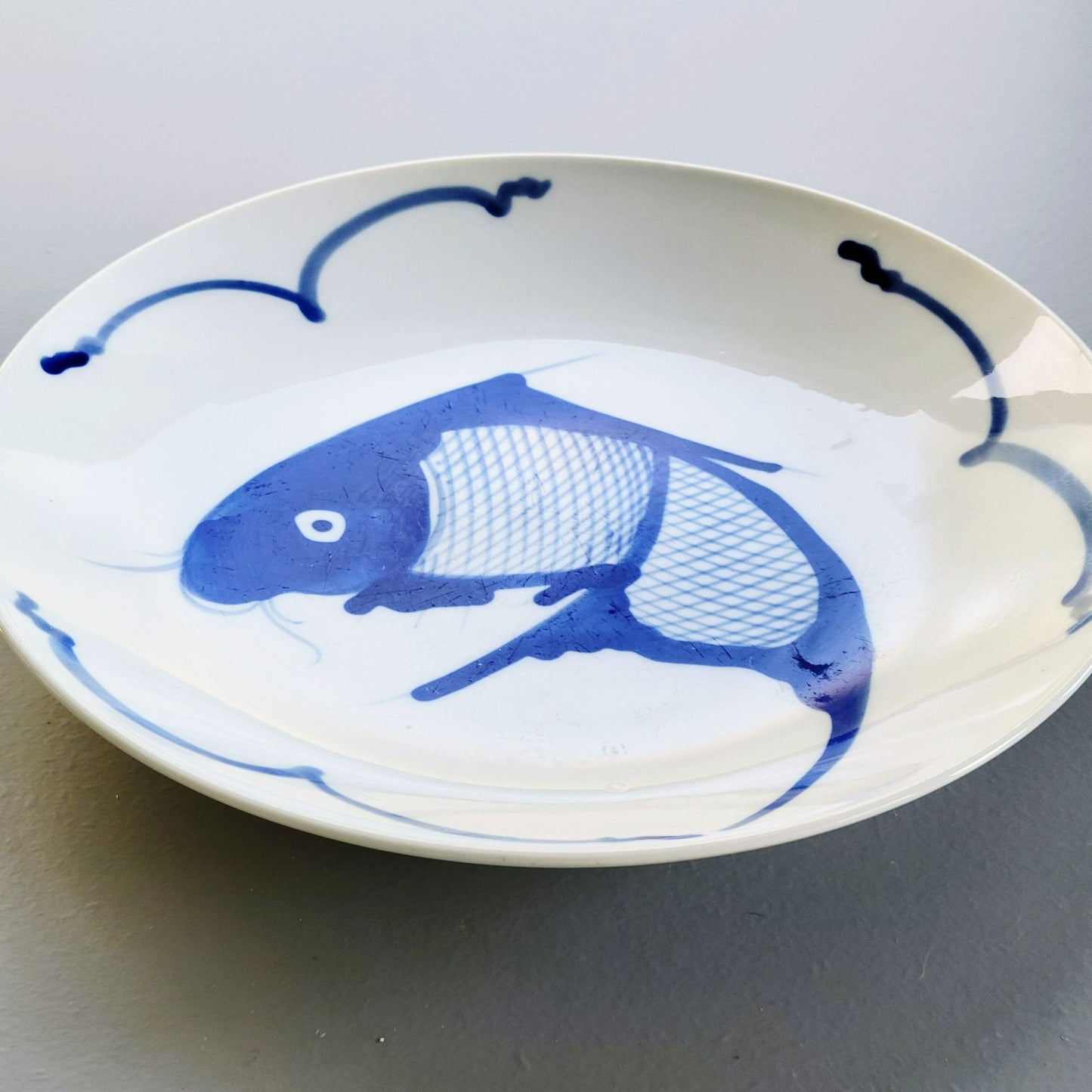 Vintage Blue & White Koi Fish Dinner Plate, c1990s