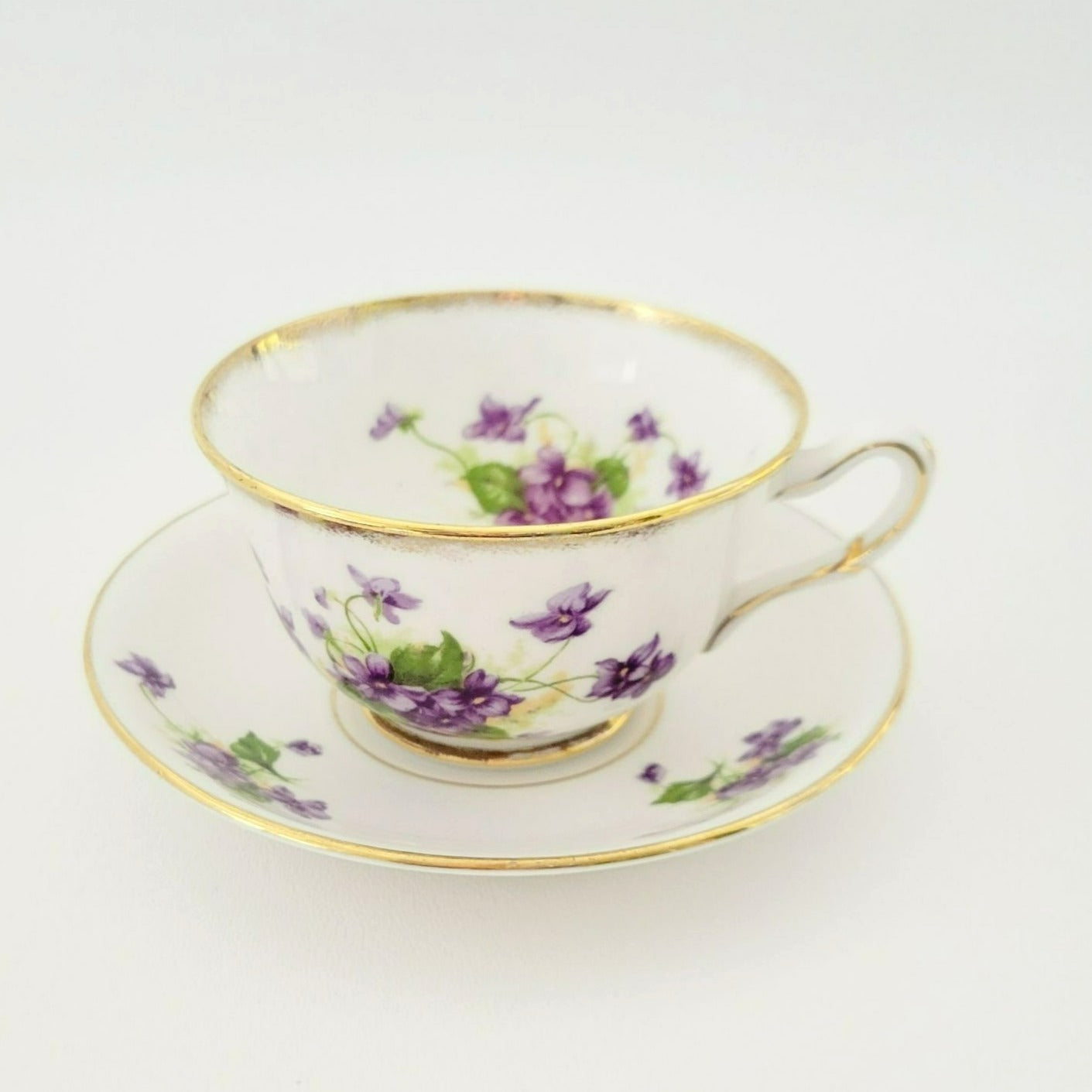 Vintage Purple Violets Teacup & Saucer, Floral with Heavy Gold Trim, c.1950s Thomas Forester & Sons England