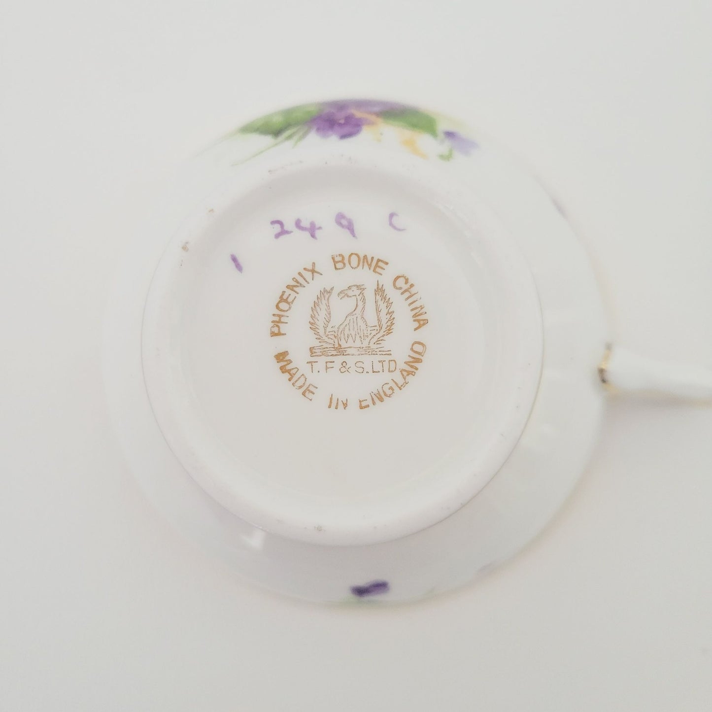 Vintage Purple Violets Teacup & Saucer, Floral with Heavy Gold Trim, c.1950s Thomas Forester & Sons England