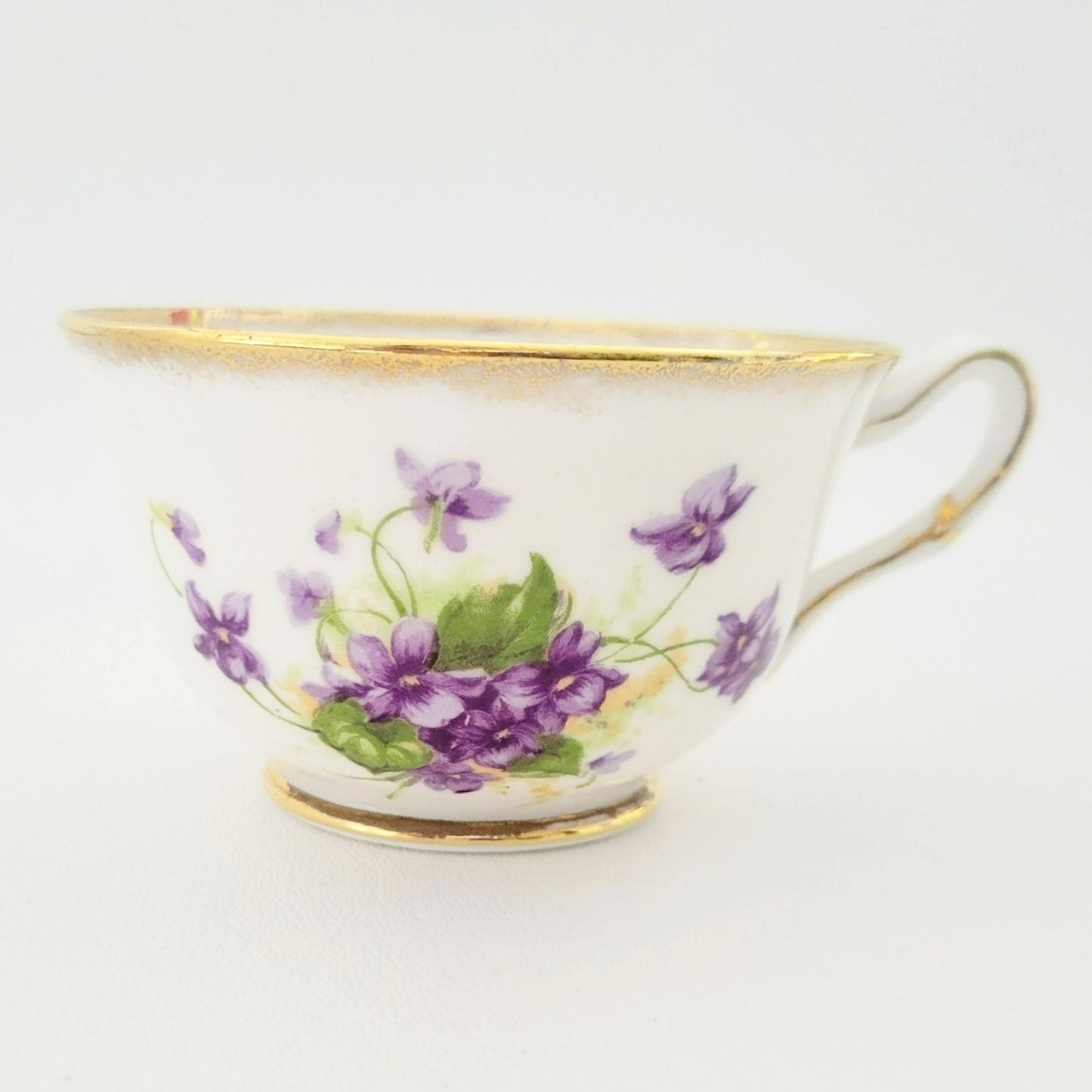 Vintage Purple Violets Teacup & Saucer, Floral with Heavy Gold Trim, c.1950s Thomas Forester & Sons England