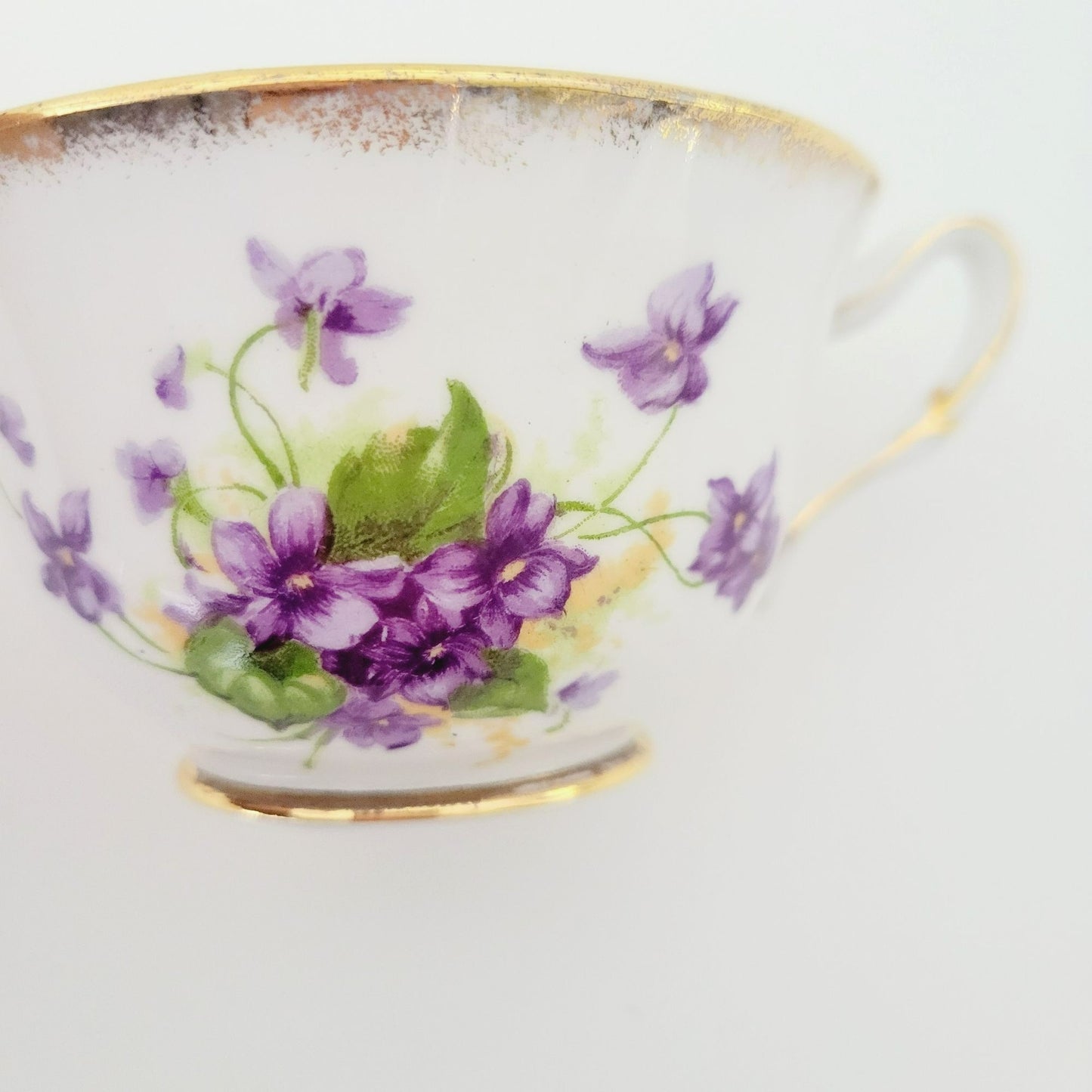 Vintage Purple Violets Teacup & Saucer, Floral with Heavy Gold Trim, c.1950s Thomas Forester & Sons England