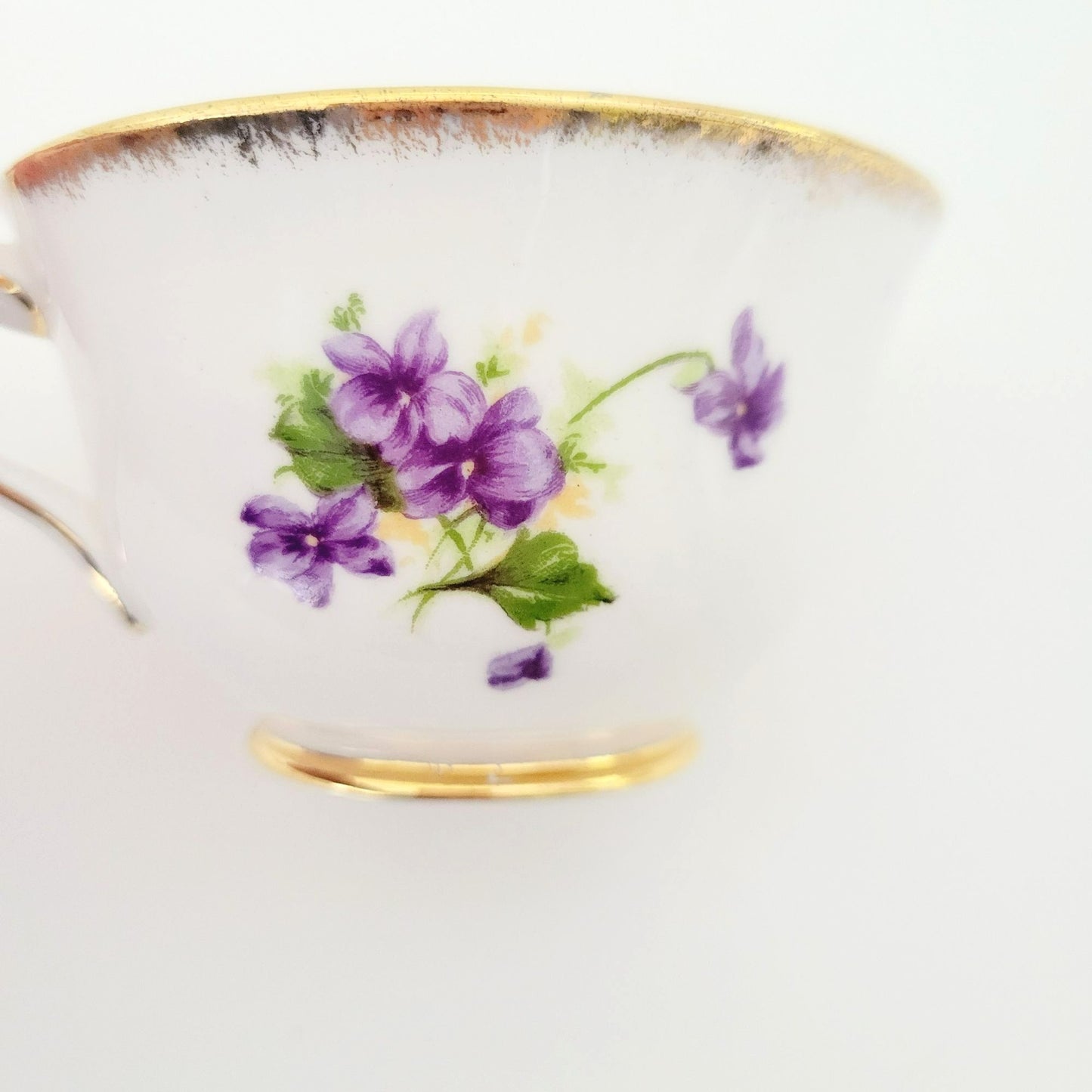 Vintage Purple Violets Teacup & Saucer, Floral with Heavy Gold Trim, c.1950s Thomas Forester & Sons England