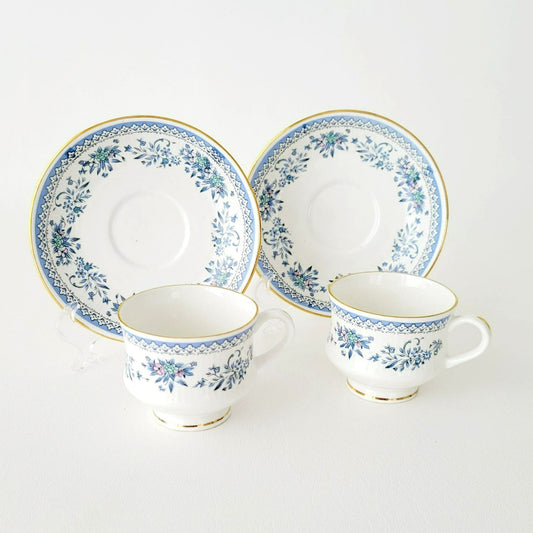 Vintage Blue & White Demitasse Cup & Saucer, 2 Sets, Delicate Floral Design, Bone China by Jaipur Glass