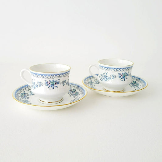 Vintage Blue & White Demitasse Cup & Saucer, 2 Sets, Delicate Floral Design, Bone China by Jaipur Glass
