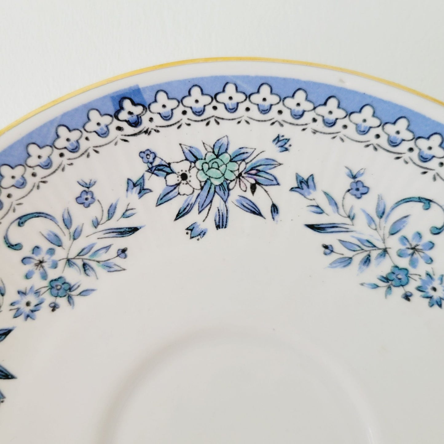Vintage Blue & White Demitasse Cup & Saucer, 2 Sets, Delicate Floral Design, Bone China by Jaipur Glass