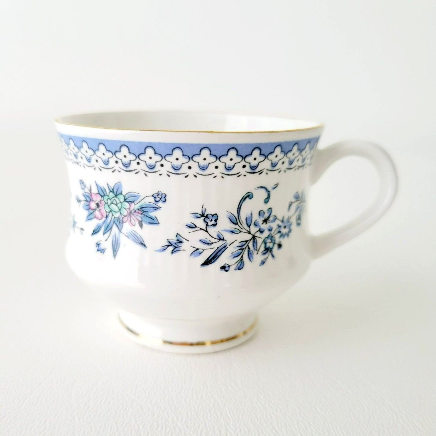 Vintage Blue & White Demitasse Cup & Saucer, 2 Sets, Delicate Floral Design, Bone China by Jaipur Glass