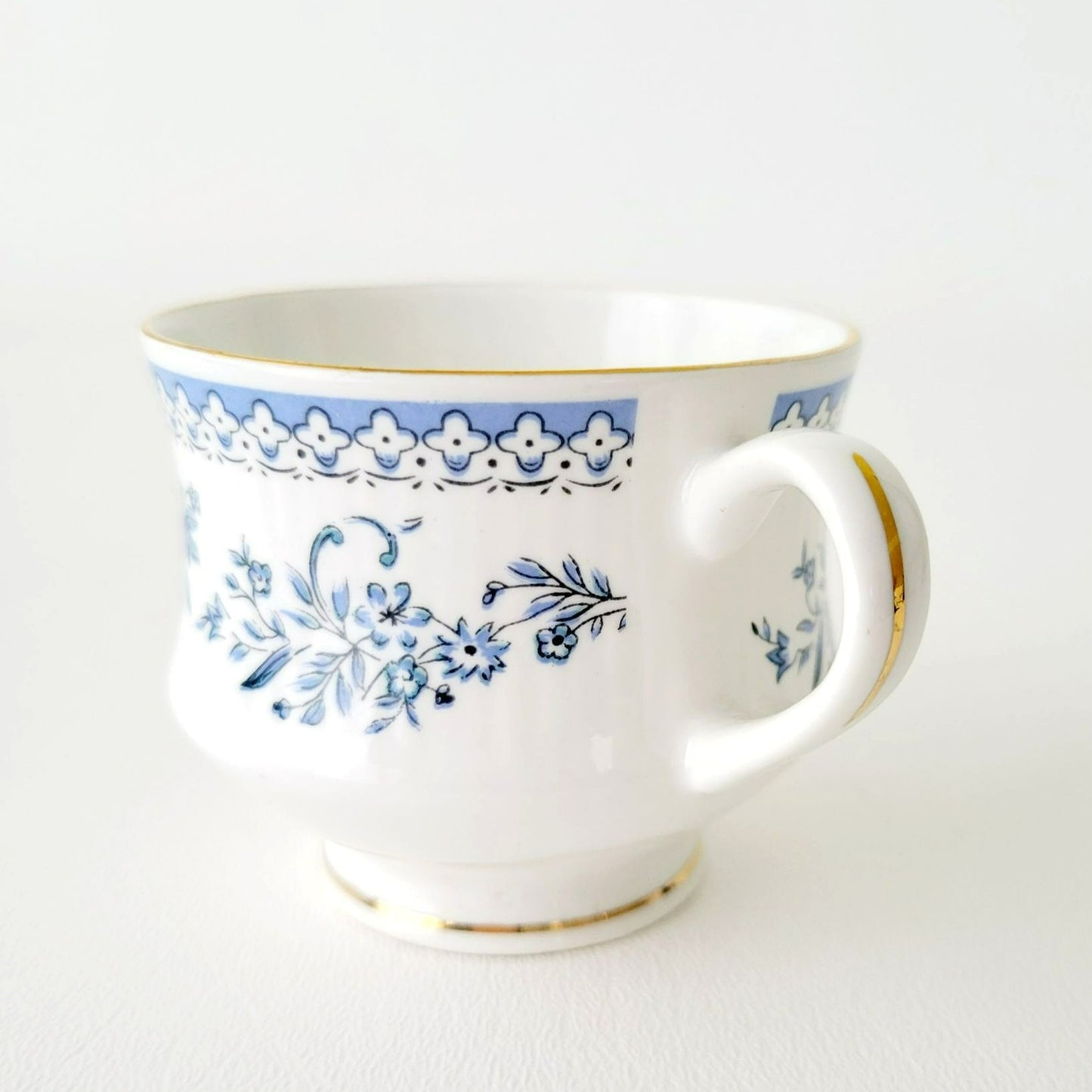 Vintage Blue & White Demitasse Cup & Saucer, 2 Sets, Delicate Floral Design, Bone China by Jaipur Glass