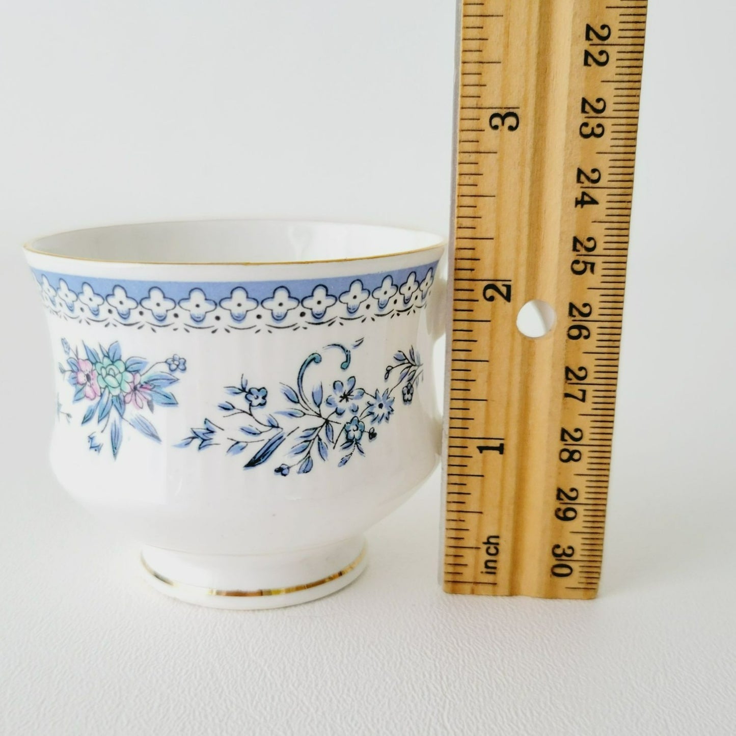 Vintage Blue & White Demitasse Cup & Saucer, 2 Sets, Delicate Floral Design, Bone China by Jaipur Glass