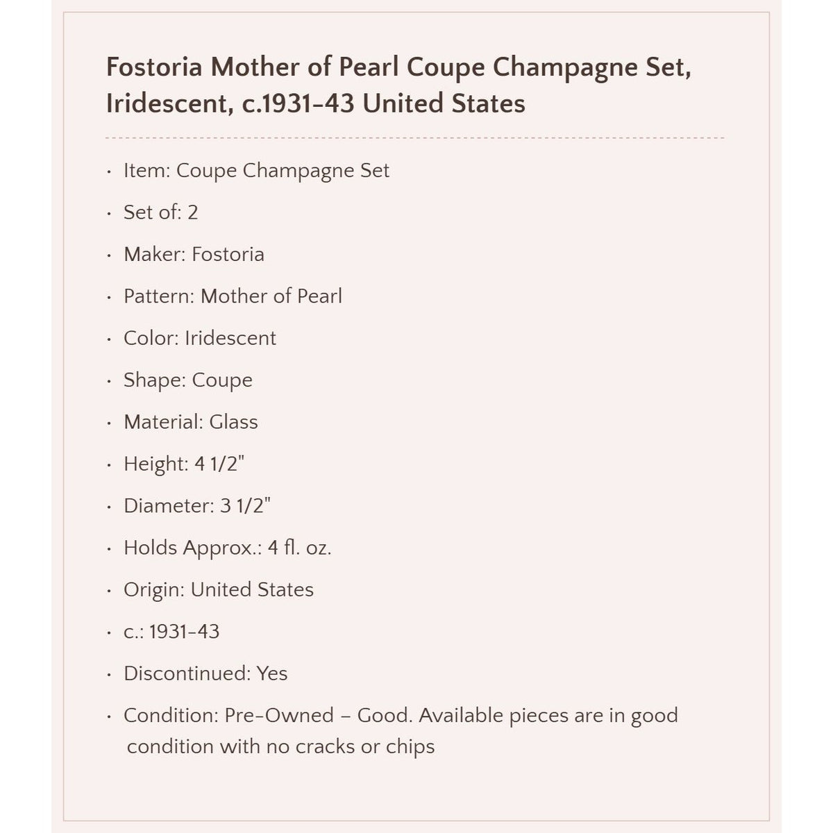 Fostoria "Mother of Pearl" Iridescent Coupe Champagne Set, c1931-43 United States