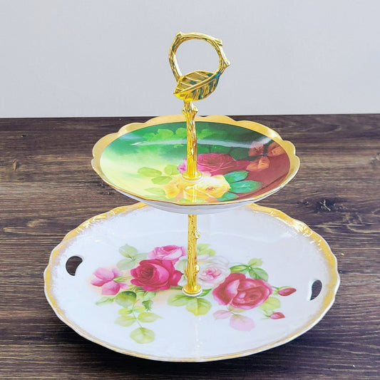Vintage Hand-Painted Floral Mismatched Tiered Dessert Stand