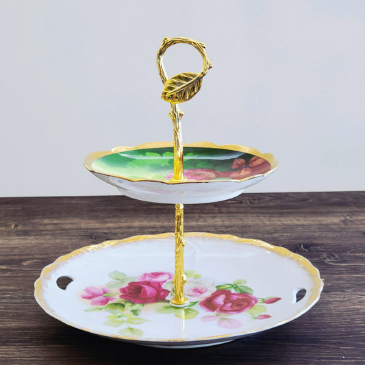 Vintage Hand-Painted Floral Mismatched Tiered Dessert Stand