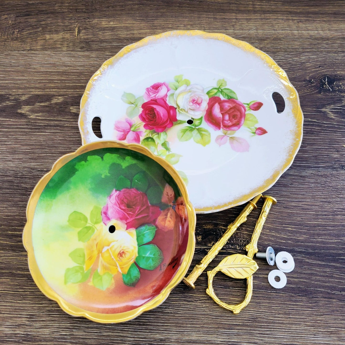 Vintage Hand-Painted Floral Mismatched Tiered Dessert Stand