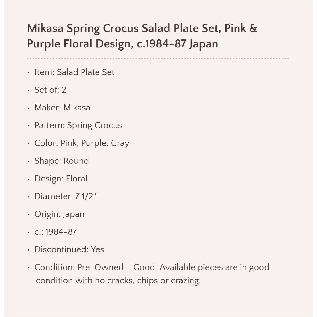 Mikasa "Spring Crocus" Salad Plate Set of 2, c.1984-87 Japan