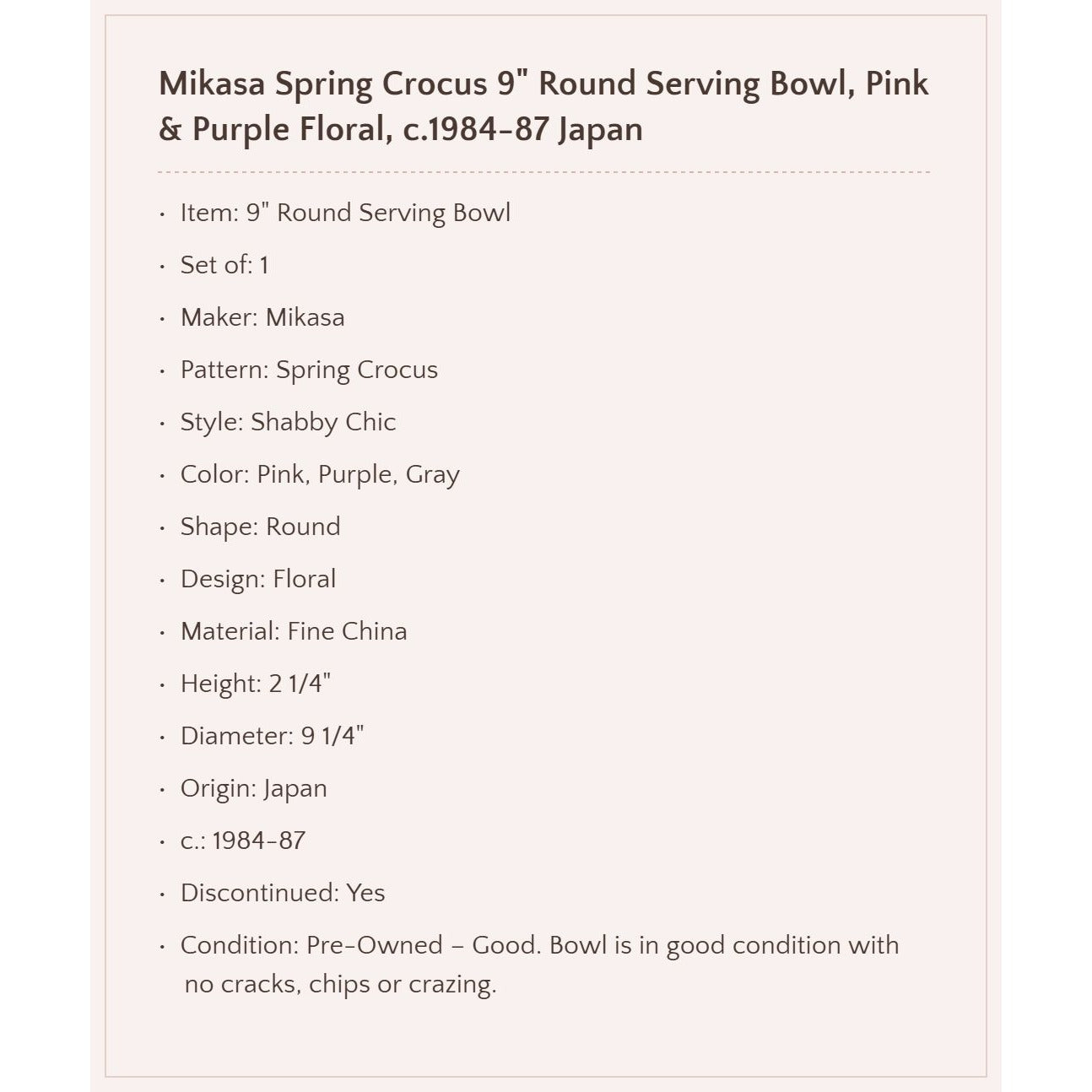Mikasa "Spring Crocus" 9" Serving Bowl, c.1984-87 Japan