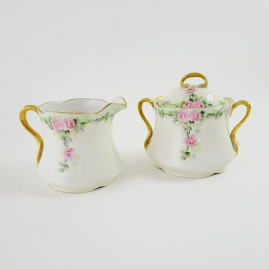 Antique Hand Painted Sugar Bowl and Creamer, Pale Green and Pink Floral, Gold Trim c.1898-1923 by J&C in Germany