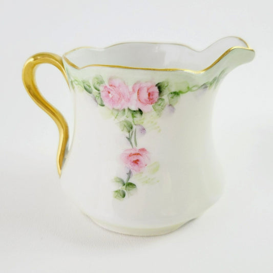 Antique Hand Painted Sugar Bowl and Creamer, Pale Green and Pink Floral, Gold Trim c.1898-1923 by J&C in Germany