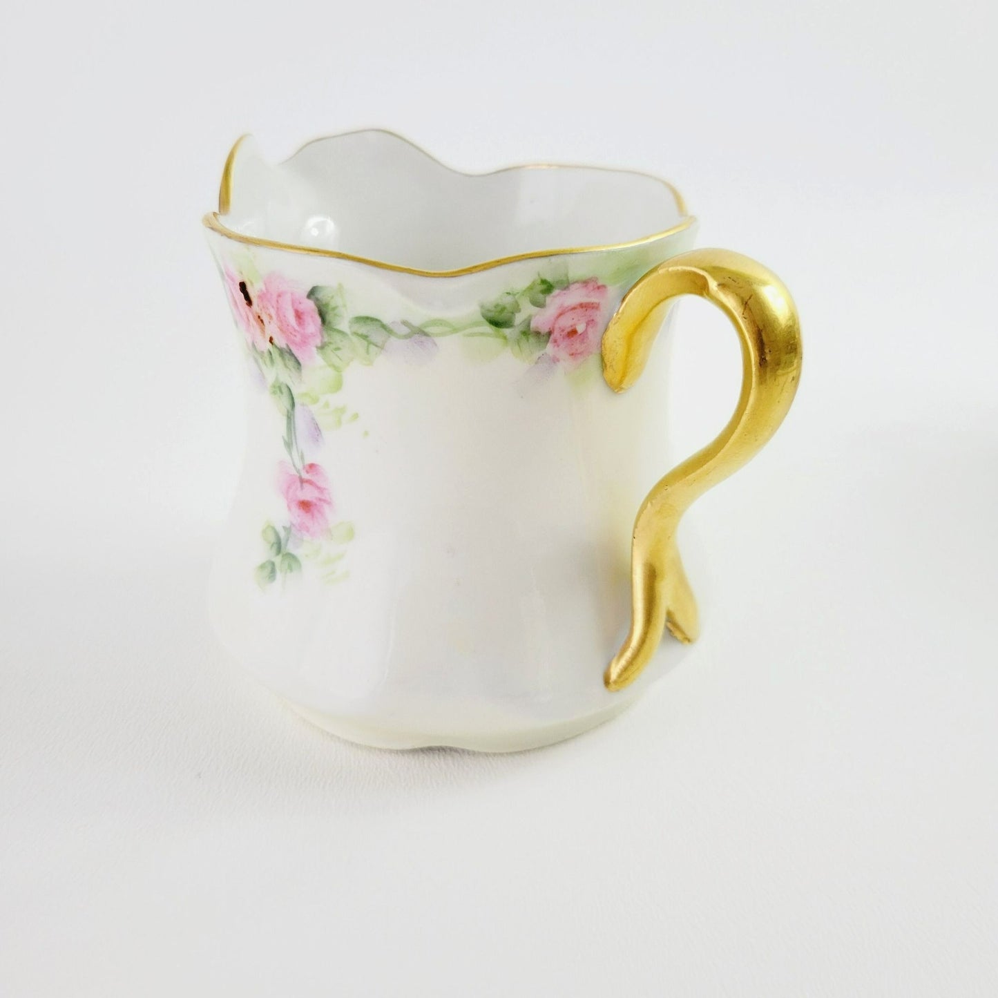 Antique Hand Painted Sugar Bowl and Creamer, Pale Green and Pink Floral, Gold Trim c.1898-1923 by J&C in Germany