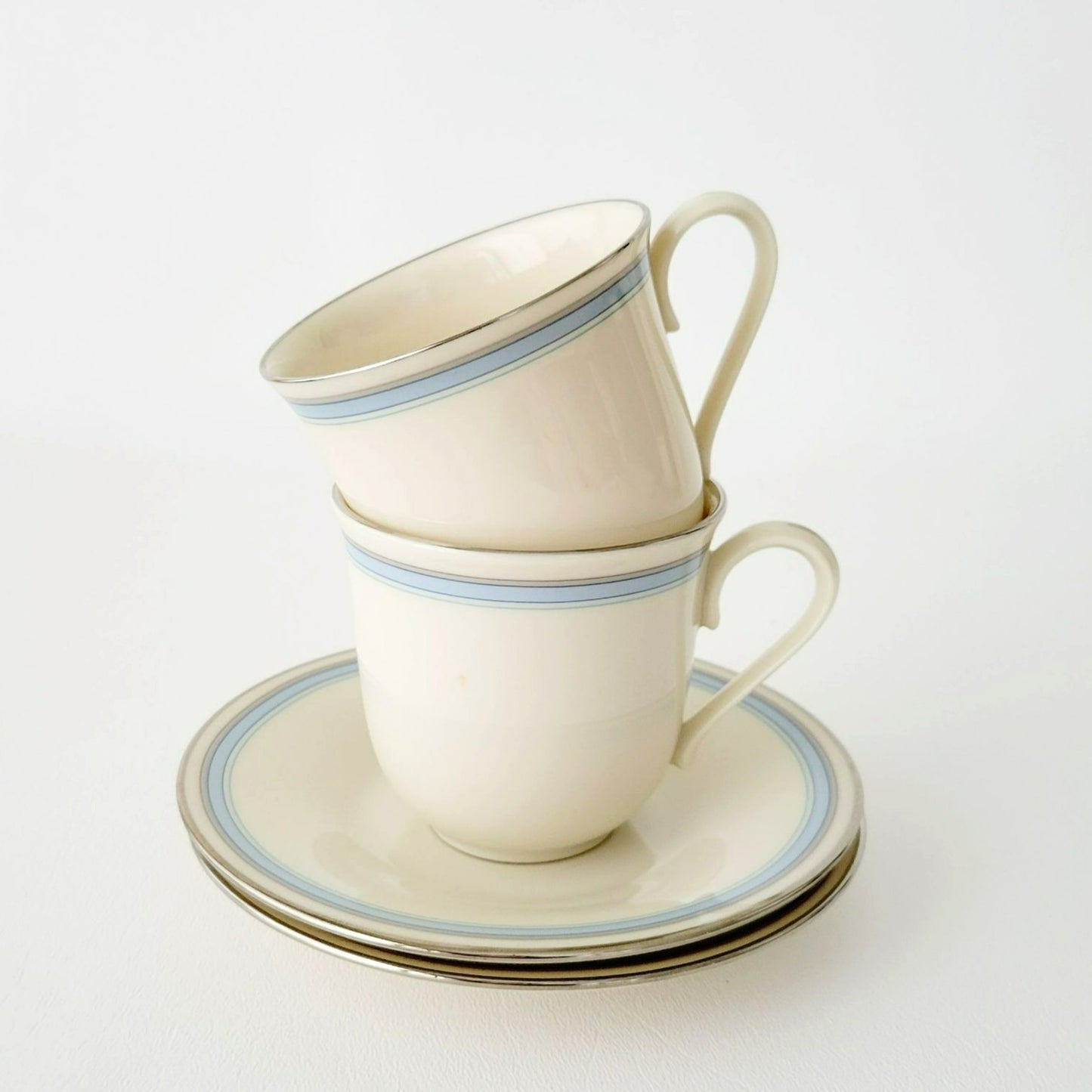 Lenox Bradford Teacup & Saucer, Cream with Blue & Platinum Trim, c.1980s USA Made
