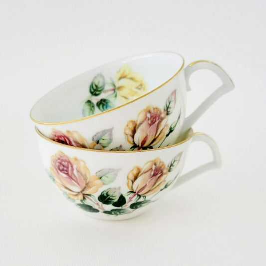 Vintage Yellow & Peach Rose Teacup Set of 2, by Narumi Kent Trio Pattern, Made in Japan