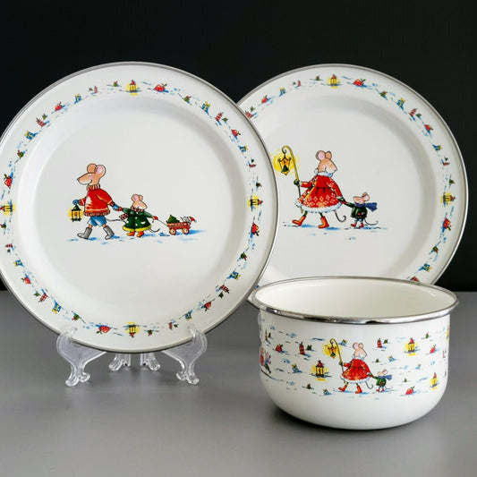 World Market Christmas Mouse Holiday Enamel Plate & Bowl Set of 3